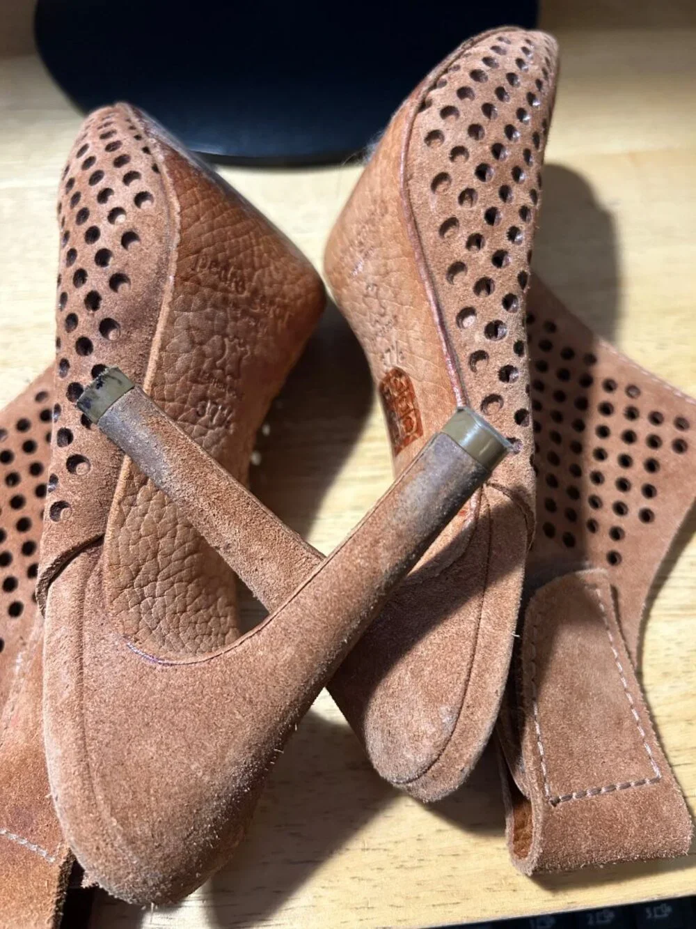 Womens Pedro Garcia Brown Sofia Perforated Suede Peep Toe Booties 37.5 US/7.5